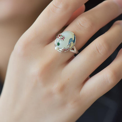 9506# Cincin Ikan Mas Giok Hetian Bertatahkan Perak Sterling 925 💍 Pengerjaan yang indah, desain sederhana dan halus, ukuran giok kecil dan indah: 12*16 cm. Termasuk ongkos kirim dan pajak.