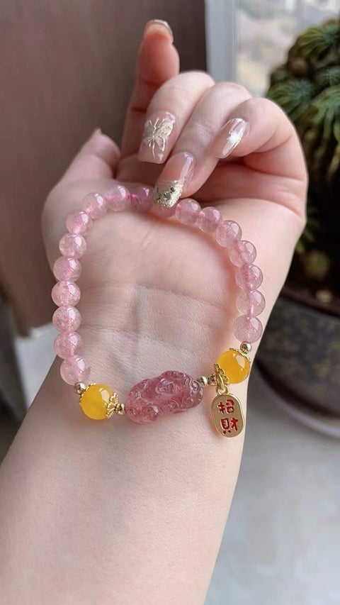 Gelang Kristal Stroberi Alami dengan Warna Pixi Pink Ukuran 0.7mm Sudah Termasuk Pajak Pengiriman