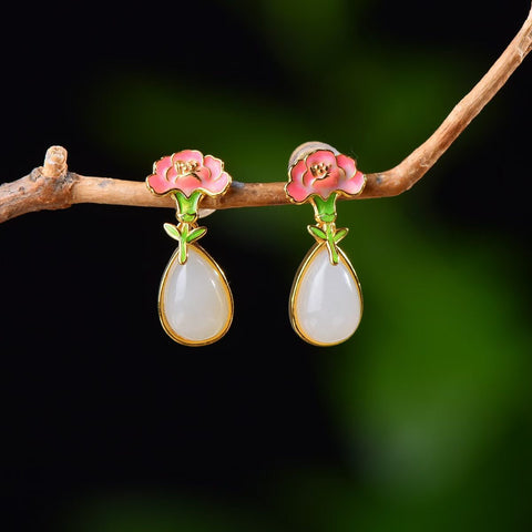 Anting-anting Tetesan Air Mata Perak Sterling S925 Bertatahkan Giok Hetian dan Enamel  【Nomor Barang】5388-2# 【Ukuran】6×9 cm Termasuk ongkos kirim dan pajak