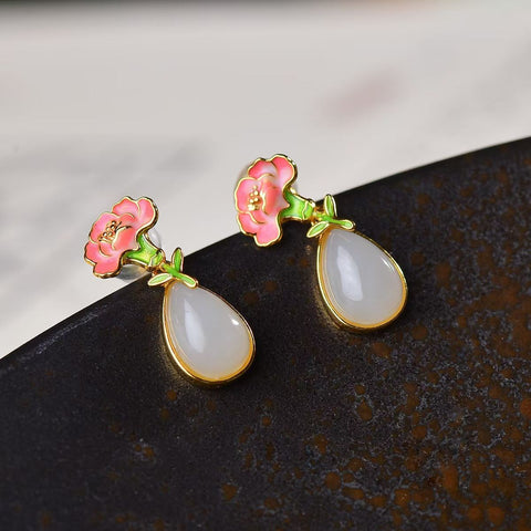 Anting-anting Tetesan Air Mata Perak Sterling S925 Bertatahkan Giok Hetian dan Enamel  【Nomor Barang】5388-2# 【Ukuran】6×9 cm Termasuk ongkos kirim dan pajak