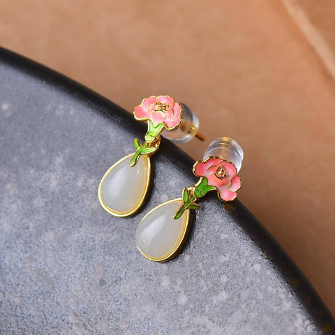 Anting-anting Tetesan Air Mata Perak Sterling S925 Bertatahkan Giok Hetian dan Enamel  【Nomor Barang】5388-2# 【Ukuran】6×9 cm Termasuk ongkos kirim dan pajak