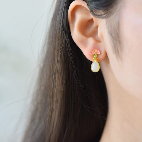 Anting-anting Tetesan Air Mata Perak Sterling S925 Bertatahkan Giok Hetian dan Enamel  【Nomor Barang】5388-2# 【Ukuran】6×9 cm Termasuk ongkos kirim dan pajak