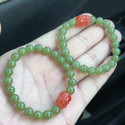 Gelang giok Hetian Xinjiang premium, setiap butir dipilih dengan cermat, berwarna hijau kekuningan, dipadukan dengan batu akik merah Baoshan alami Pixiu, 🍀22 butir, ukuran butir 8mm, termasuk ongkos kirim dan pajak, nomor barang