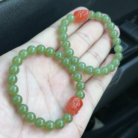 Gelang giok Hetian Xinjiang premium, setiap butir dipilih dengan cermat, berwarna hijau kekuningan, dipadukan dengan batu akik merah Baoshan alami Pixiu, 🍀22 butir, ukuran butir 8mm, termasuk ongkos kirim dan pajak, nomor barang