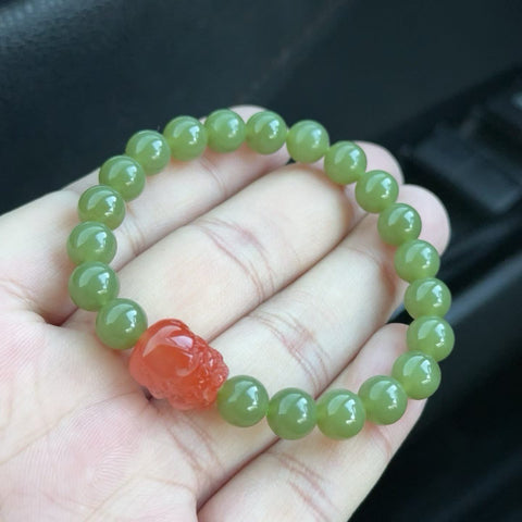 Gelang giok Hetian Xinjiang premium, setiap butir dipilih dengan cermat, berwarna hijau kekuningan, dipadukan dengan batu akik merah Baoshan alami Pixiu, 🍀22 butir, ukuran butir 8mm, termasuk ongkos kirim dan pajak, nomor barang