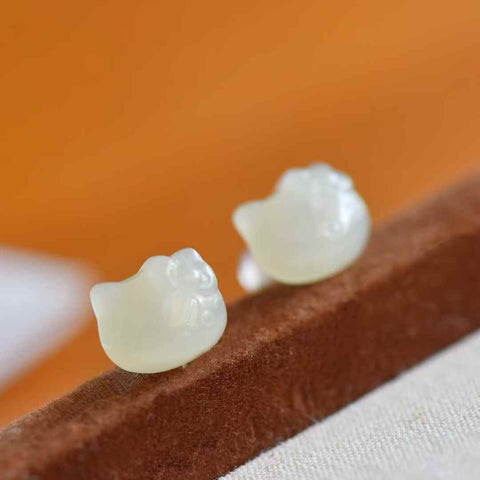 Anting-anting kucing perak sterling S925 bertatahkan giok Hetian (gaya KT), 8357Q-2# (batu lepas: 9 x 11mm). Harga sudah termasuk ongkos kirim dan pajak.