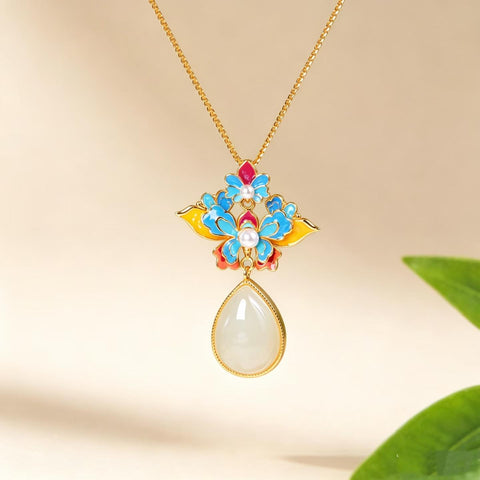 【Nama】Liontin Enamel Bunga dan Kupu-kupu Tetesan Air Mata Giok Hetian Bertatahkan Perak Sterling S925 【Ukuran】10×14 cm 【Nomor Barang】0374-2# (Termasuk ongkos kirim dan pajak)