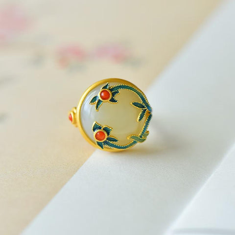 9452-6# Cincin perak S925 bertatahkan giok Hetian dan enamel. Ongkos kirim dan pajak sudah termasuk.