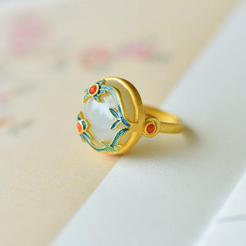 9452-6# Cincin perak S925 bertatahkan giok Hetian dan enamel. Ongkos kirim dan pajak sudah termasuk.