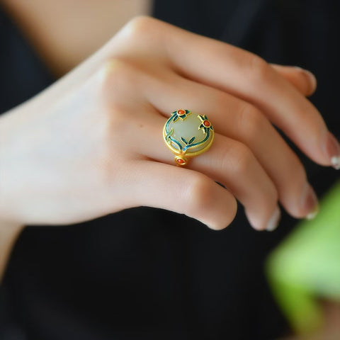 9452-6# Cincin perak S925 bertatahkan giok Hetian dan enamel. Ongkos kirim dan pajak sudah termasuk.