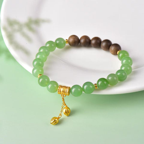 3361# Gelang giok Hetian dengan perak S925, liontin teratai ganda dan lingkaran ganda kayu gaharu, 8mm, perak S925 + kayu gaharu. Termasuk ongkos kirim dan pajak.