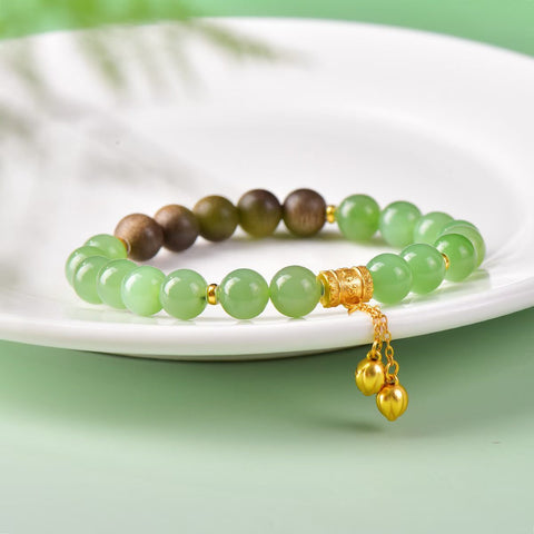 3361# Gelang giok Hetian dengan perak S925, liontin teratai ganda dan lingkaran ganda kayu gaharu, 8mm, perak S925 + kayu gaharu. Termasuk ongkos kirim dan pajak.