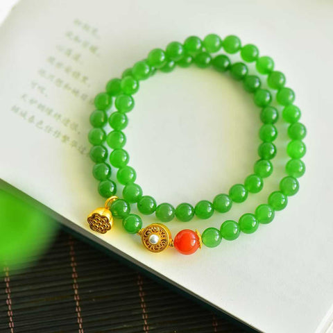 22096# Gelang Teratai Giok, Gelang Multi-Batu Permata Lingkaran Ganda, 5-6mm, menampilkan giok Hetian dan kerajinan perak tradisional! Termasuk ongkos kirim dan pajak.