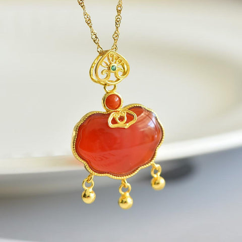 M20623-2# Liontin Gembok Ruyi Bertatahkan Batu Akik Merah dari Perak Sterling 925, Ukuran: 13*18 cm, termasuk ongkos kirim dan pajak.