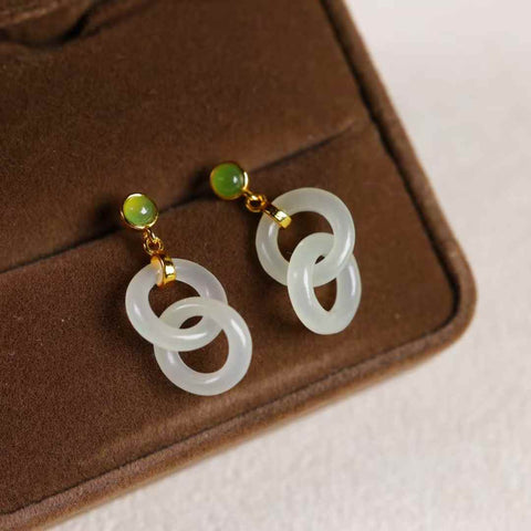 8481-2# Anting-anting perak sterling S925 bertatahkan cincin giok Hetian yang saling terkait (ukuran batu: 11*11mm, termasuk ongkos kirim dan pajak)