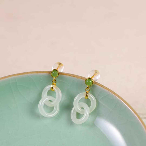 8481-2# Anting-anting perak sterling S925 bertatahkan cincin giok Hetian yang saling terkait (ukuran batu: 11*11mm, termasuk ongkos kirim dan pajak)