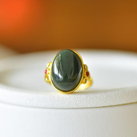 9276Q-6# Cincin perak sterling 925 bertatahkan giok Hetian (bahan air jernih) ruyi cabochon, gioknya hangat dan lembut, bergaya, sederhana dan elegan. Ongkos kirim dan pajak sudah termasuk.