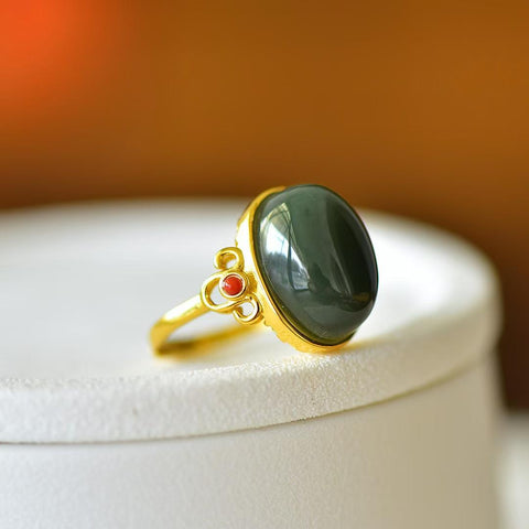 9276Q-6# Cincin perak sterling 925 bertatahkan giok Hetian (bahan air jernih) ruyi cabochon, gioknya hangat dan lembut, bergaya, sederhana dan elegan. Ongkos kirim dan pajak sudah termasuk.