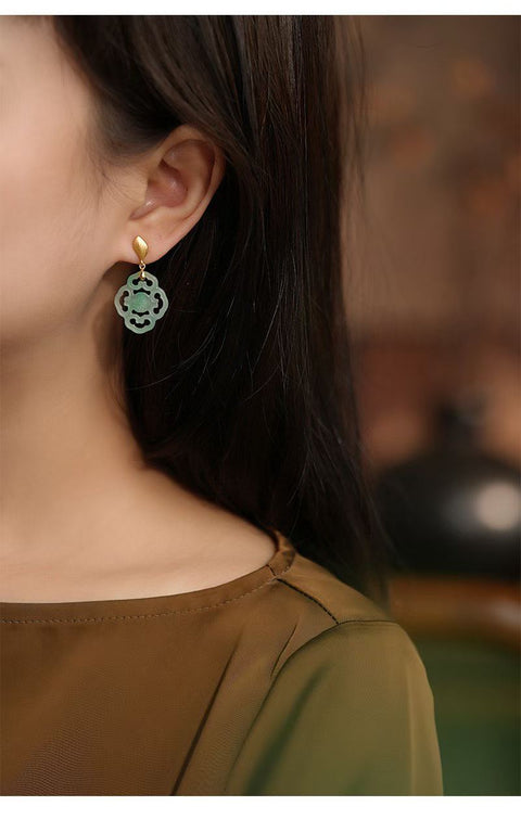 Anting-anting giok Afrika, perak sterling S925, batu utama giok Afrika 22,3mm x 19,1mm, sepasang, berat sekitar 4,26g, termasuk ongkos kirim dan pajak.