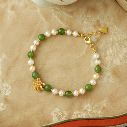 Gelang mutiara, perak sterling S925, mutiara, giok, berat sekitar 7,99g, gaya Tiongkok, pembawa keberuntungan, termasuk ongkos kirim dan pajak.