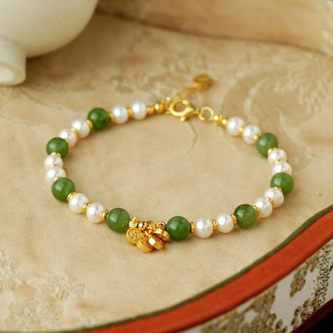 Gelang mutiara, perak sterling S925, mutiara, giok, berat sekitar 7,99g, gaya Tiongkok, pembawa keberuntungan, termasuk ongkos kirim dan pajak.