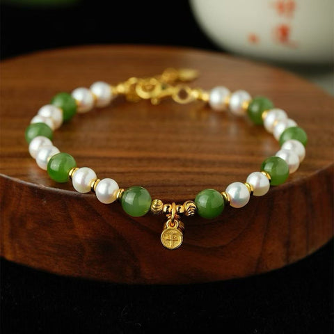 Gelang mutiara, perak sterling S925, mutiara, giok, berat sekitar 7,99g, gaya Tiongkok, pembawa keberuntungan, termasuk ongkos kirim dan pajak.