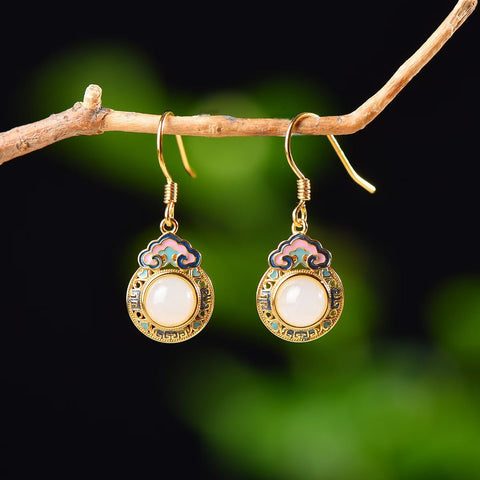 5454-2# Anting-anting enamel berbentuk drum bulat bertatahkan giok Hetian dari perak sterling S925 dengan awan keberuntungan, 6x6 buah, termasuk ongkos kirim dan pajak.