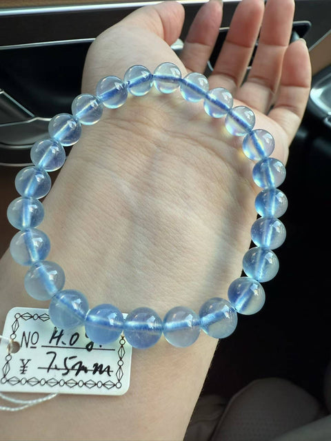 Gelang akuamarin alami dan tembus cahaya, diameter 7,5 mm, harga sudah termasuk ongkos kirim dan pajak.