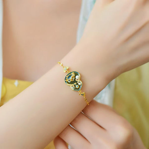 18106# 18106-2# Gelang Perak S925 Bertatahkan Giok Hetian Hijau, Labu Pipih, Enamel dengan Zirkonia Berwarna 13×17 13×17 Termasuk ongkos kirim dan pajak