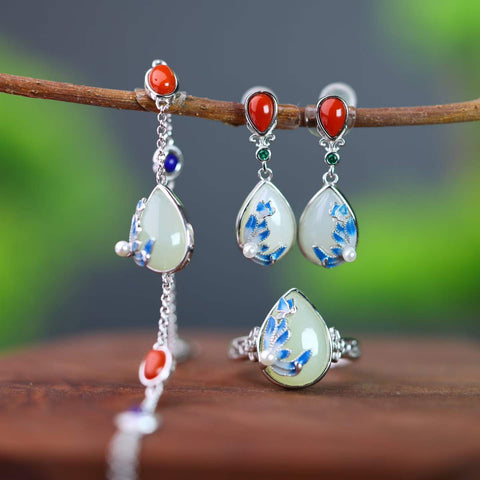 5042# 9584# 8328#S925 Set Perhiasan Perak Bertatahkan Giok Hetian Bentuk Tetesan Air Mata dengan Enamel, Anting-anting 8×12, Cincin 10×14, Gelang 8×12 (Termasuk ongkos kirim dan pajak)