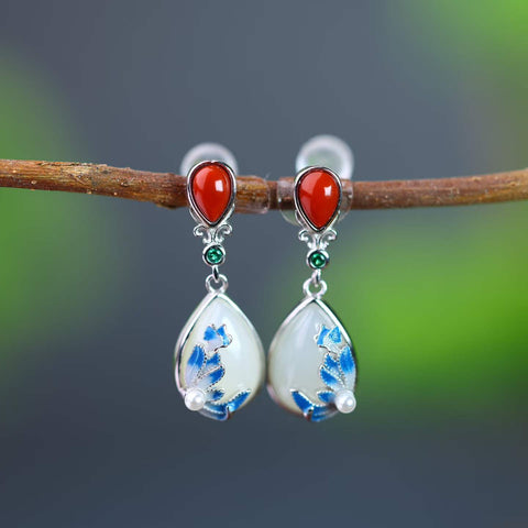 5042# 9584# 8328#S925 Set Perhiasan Perak Bertatahkan Giok Hetian Bentuk Tetesan Air Mata dengan Enamel, Anting-anting 8×12, Cincin 10×14, Gelang 8×12 (Termasuk ongkos kirim dan pajak)