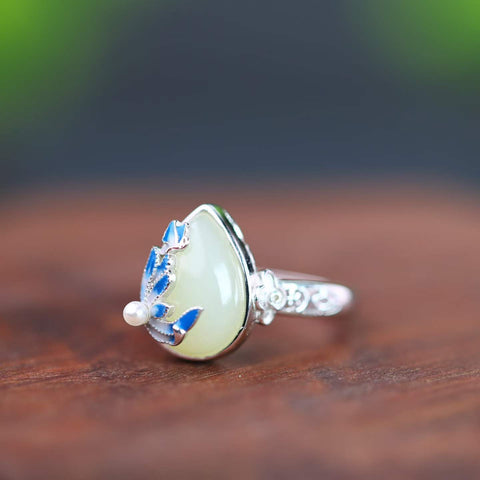 5042# 9584# 8328#S925 Set Perhiasan Perak Bertatahkan Giok Hetian Bentuk Tetesan Air Mata dengan Enamel, Anting-anting 8×12, Cincin 10×14, Gelang 8×12 (Termasuk ongkos kirim dan pajak)
