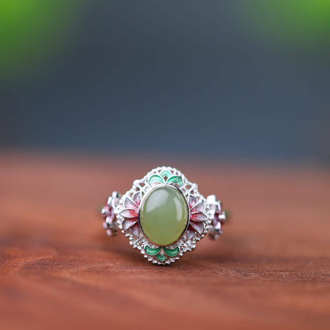 5034Q# 9583Q#S925 Anting-anting enamel cabochon giok Hetian bertatahkan perak dengan aksen zirkonium (6 x 8 buah) dan cincin (6 x 8 buah) termasuk ongkos kirim dan pajak.