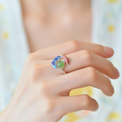 19049# S925 Perak Bertatahkan Giok Hetian Hijau Giok Bulat Berbentuk Drum Enamel "Ikan Berlimpah Setiap Tahun" Cincin 💍 6×6 (Termasuk ongkos kirim dan pajak)