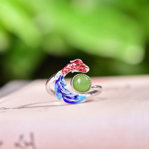 19049# S925 Perak Bertatahkan Giok Hetian Hijau Giok Bulat Berbentuk Drum Enamel "Ikan Berlimpah Setiap Tahun" Cincin 💍 6×6 (Termasuk ongkos kirim dan pajak)