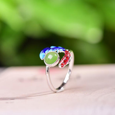 19049# S925 Perak Bertatahkan Giok Hetian Hijau Giok Bulat Berbentuk Drum Enamel "Ikan Berlimpah Setiap Tahun" Cincin 💍 6×6 (Termasuk ongkos kirim dan pajak)