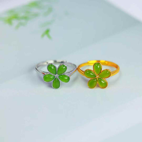 11243# Cincin Perak S925 dengan Batu Giok Hetian Bertatahkan Bunga Lima Kelopak: 3 x 5 batu (termasuk ongkos kirim dan pajak)