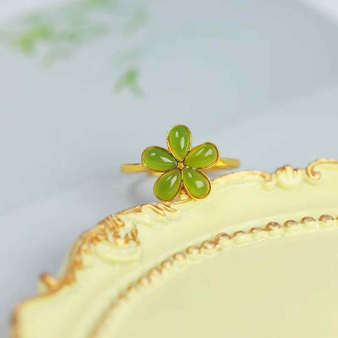 11243# Cincin Perak S925 dengan Batu Giok Hetian Bertatahkan Bunga Lima Kelopak: 3 x 5 batu (termasuk ongkos kirim dan pajak)