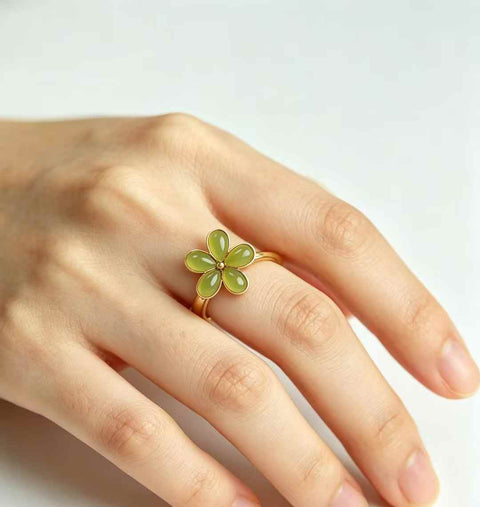 11243# Cincin Perak S925 dengan Batu Giok Hetian Bertatahkan Bunga Lima Kelopak: 3 x 5 batu (termasuk ongkos kirim dan pajak)