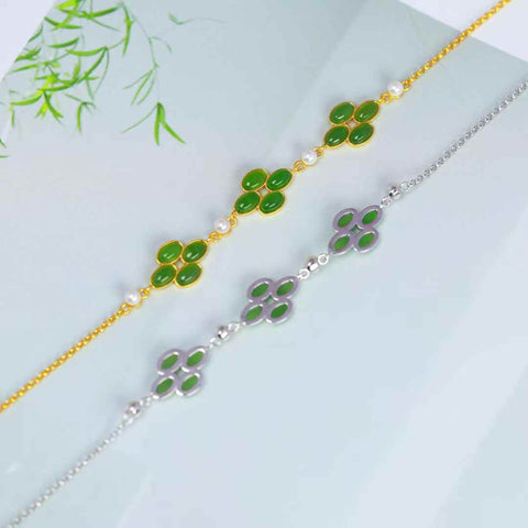 15919# Gelang Daun Semanggi Empat Kelopak Bertatahkan Giok Hetian Perak S925 (Batu Lepas: 3 x 5, termasuk ongkos kirim dan pajak)