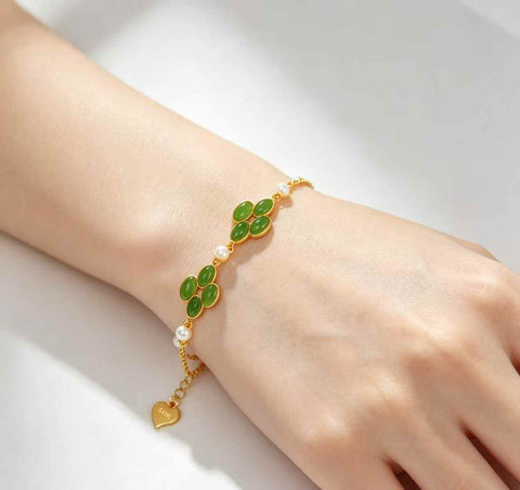 15919# Gelang Daun Semanggi Empat Kelopak Bertatahkan Giok Hetian Perak S925 (Batu Lepas: 3 x 5, termasuk ongkos kirim dan pajak)