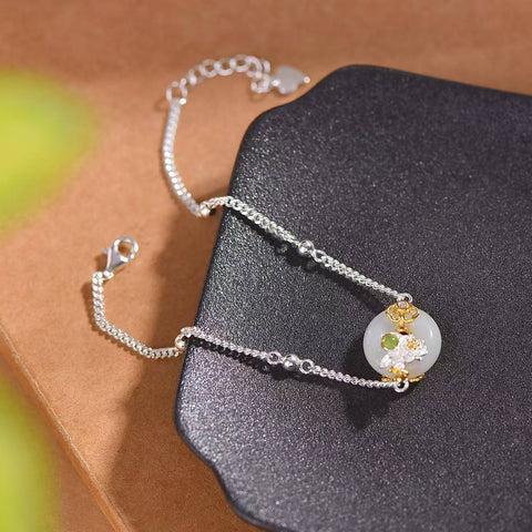 8297-4# Cincin Perdamaian Giok Hetian Bertatahkan Perak S925 Gelang Camellia November 13×13 (termasuk ongkos kirim dan pajak)
