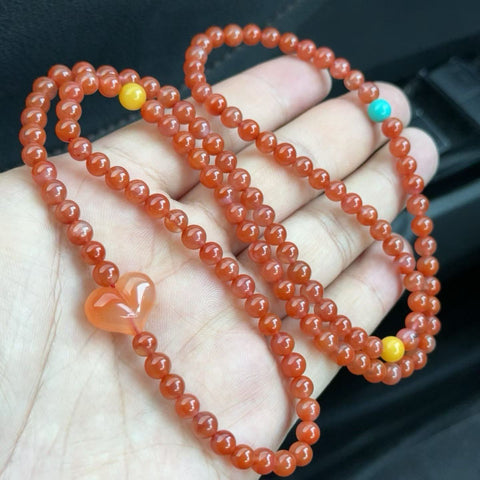 Gelang dan kalung akik merah alami premium dengan manik-manik amber alami dan akik merah berbentuk buah persik, ukuran 5,6 mm, termasuk ongkos kirim dan pajak.