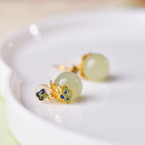5422Q-2#s925 Anting-anting Enamel Manik-manik 10mm Bahan Giok Hetian Qinghai Bertatahkan Perak 10×10 (Termasuk ongkos kirim dan pajak)