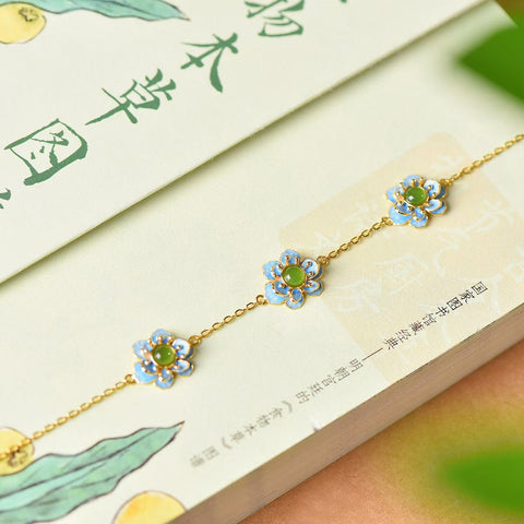 18109-2#s925 Gelang Enamel Berbentuk Drum Bulat Giok Hetian Hijau Bertatahkan Perak (4x4) termasuk ongkos kirim dan pajak.