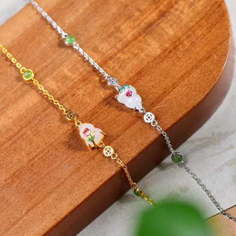 8121# 8121-2# Gelang enamel putih dan hijau berbentuk labu giok Hetian bertatahkan perak S925 7×9 (termasuk ongkos kirim dan pajak)
