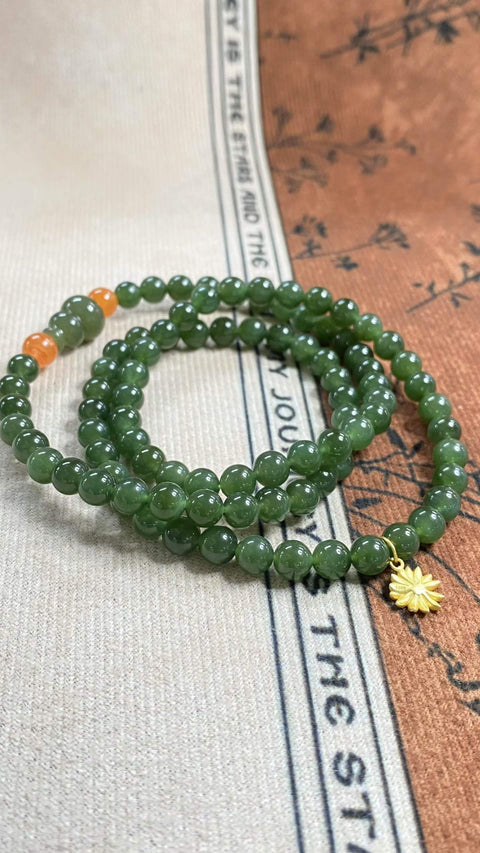 Gelang tiga untai giok Hetian (nefrit) yang indah, dipadukan dengan akik merah berkualitas tinggi, aksesori perak 925, ukuran: 6mm, termasuk ongkos kirim dan pajak.