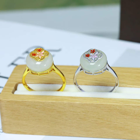 9065# Cincin enamel perak sterling S925 dengan gesper pengaman giok Hetian, 12×12mm, termasuk ongkos kirim dan pajak.