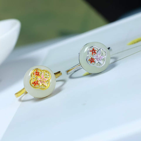 9065# Cincin enamel perak sterling S925 dengan gesper pengaman giok Hetian, 12×12mm, termasuk ongkos kirim dan pajak.