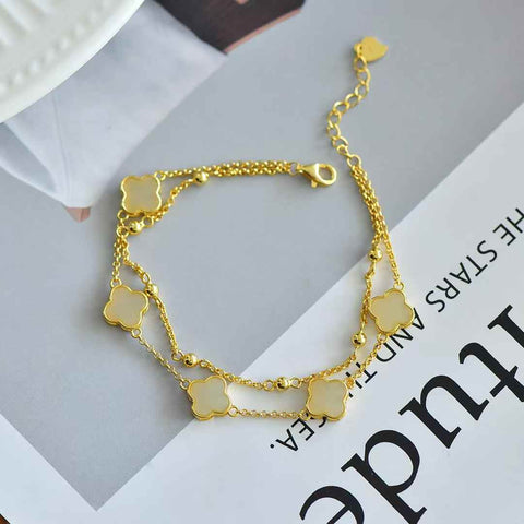 6088-2# Gelang Perak Sterling S925 dengan Giok Hetian Bentuk Daun Semanggi Empat (Batu Lepas): 8*8 (Termasuk ongkos kirim dan pajak)